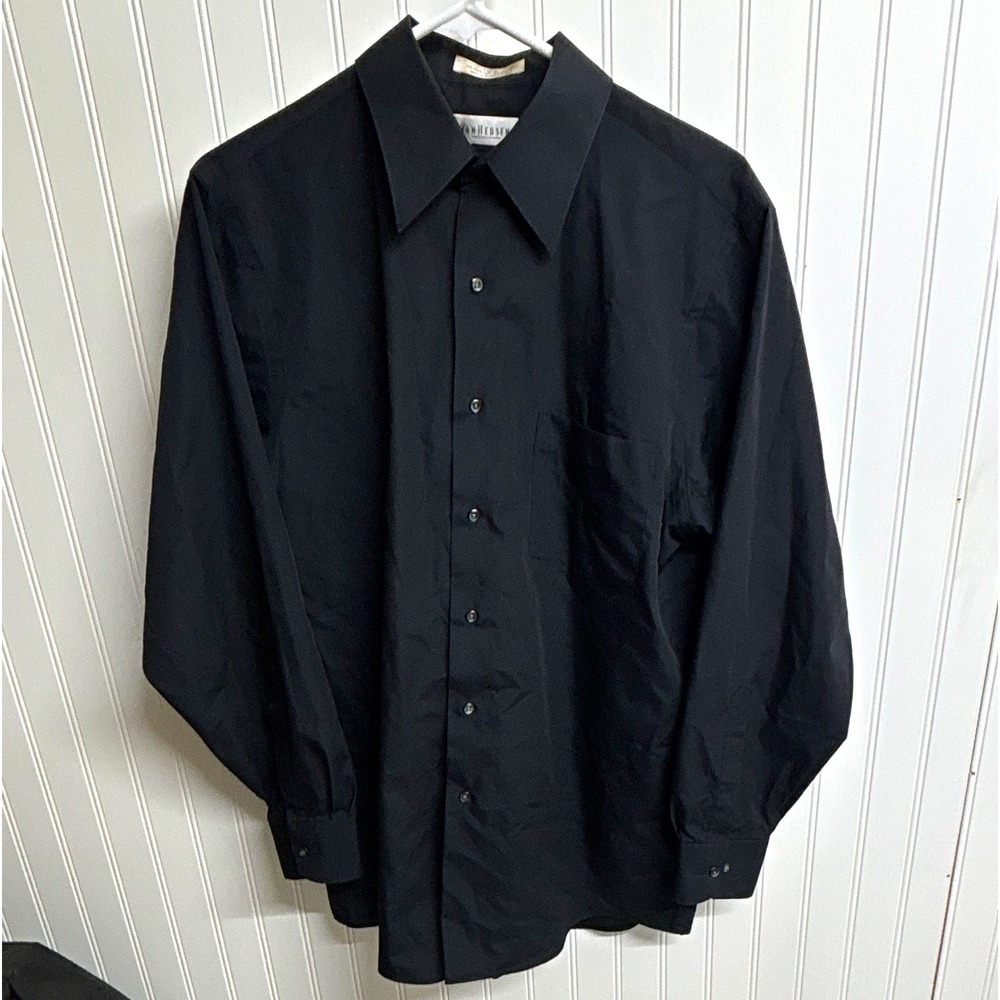 Van Heusen Black Poplin Wrinkle Free Dress Shirt Solid Point Collar 15.5 32/33